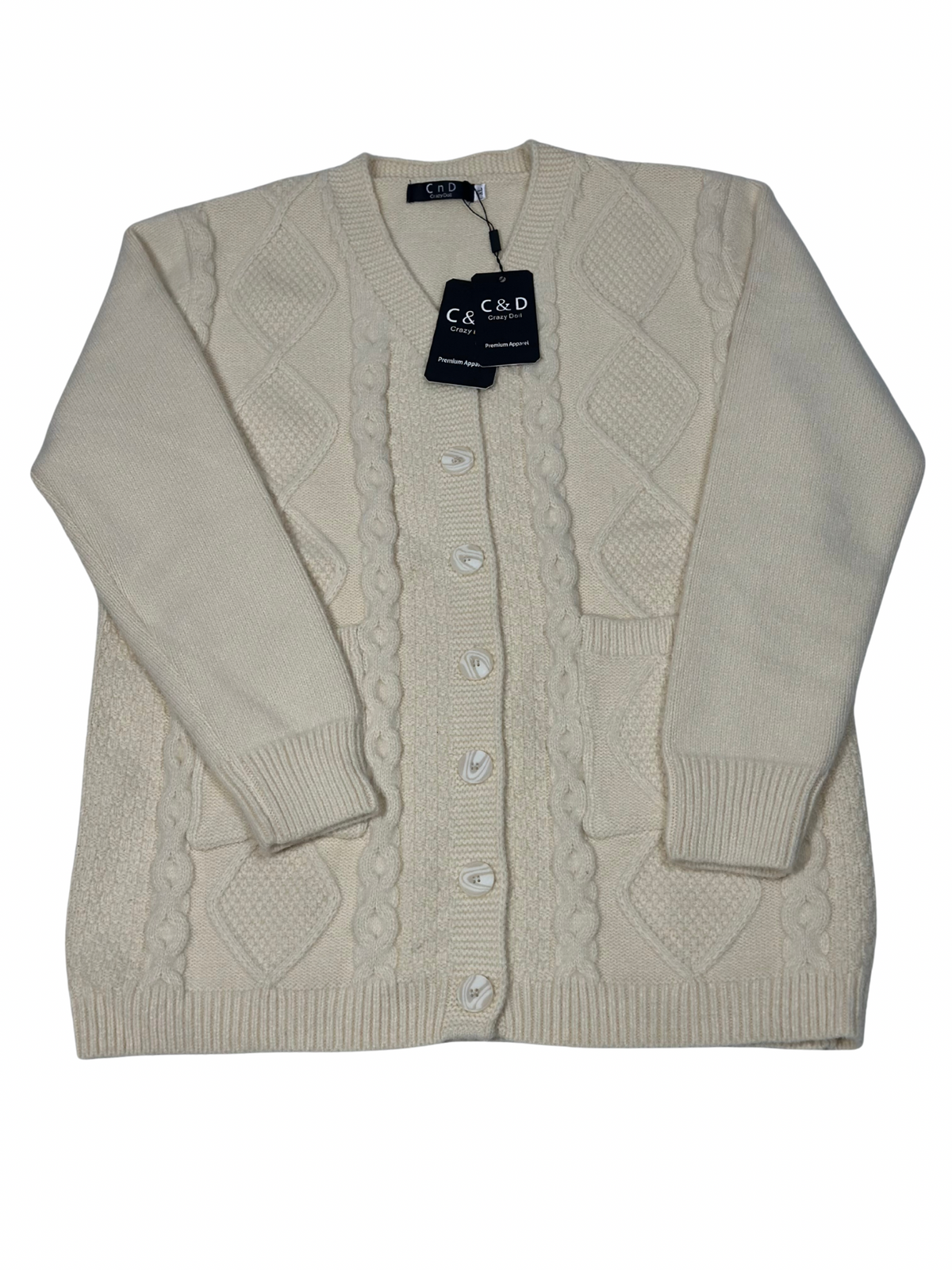 Cozy&Drape cream wool cardigan sweater with cable knit pattern, front buttons, and pockets.