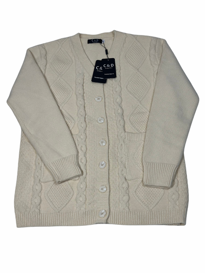 Cozy&Drape cream wool cardigan sweater with cable knit pattern, front buttons, and pockets.