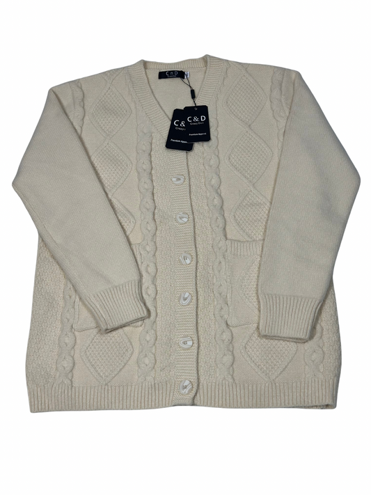Cozy&Drape cream wool cardigan sweater with cable knit pattern, front buttons, and pockets.