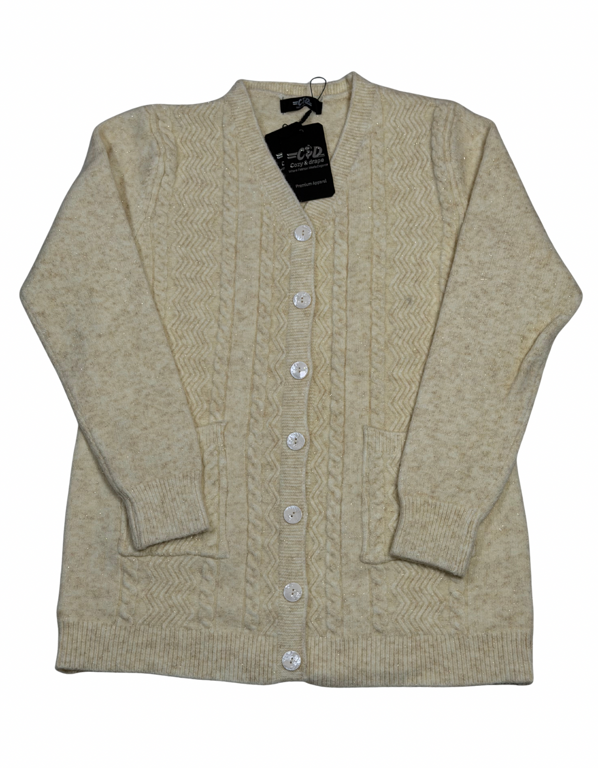 Cozy&Drape cream wool cardigan sweater with a button-up front, cable knit texture, and two convenient front pockets.
