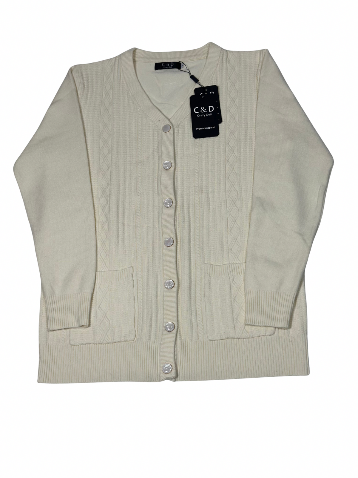 Cozy&Drape cream wool cardigan sweater with a V-neck, button-down front, cable knit details, and two front pockets.