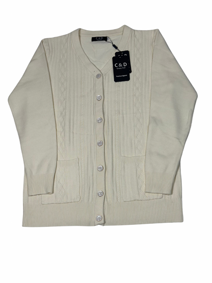 Cozy&Drape cream wool cardigan sweater with a V-neck, button-down front, cable knit details, and two front pockets.