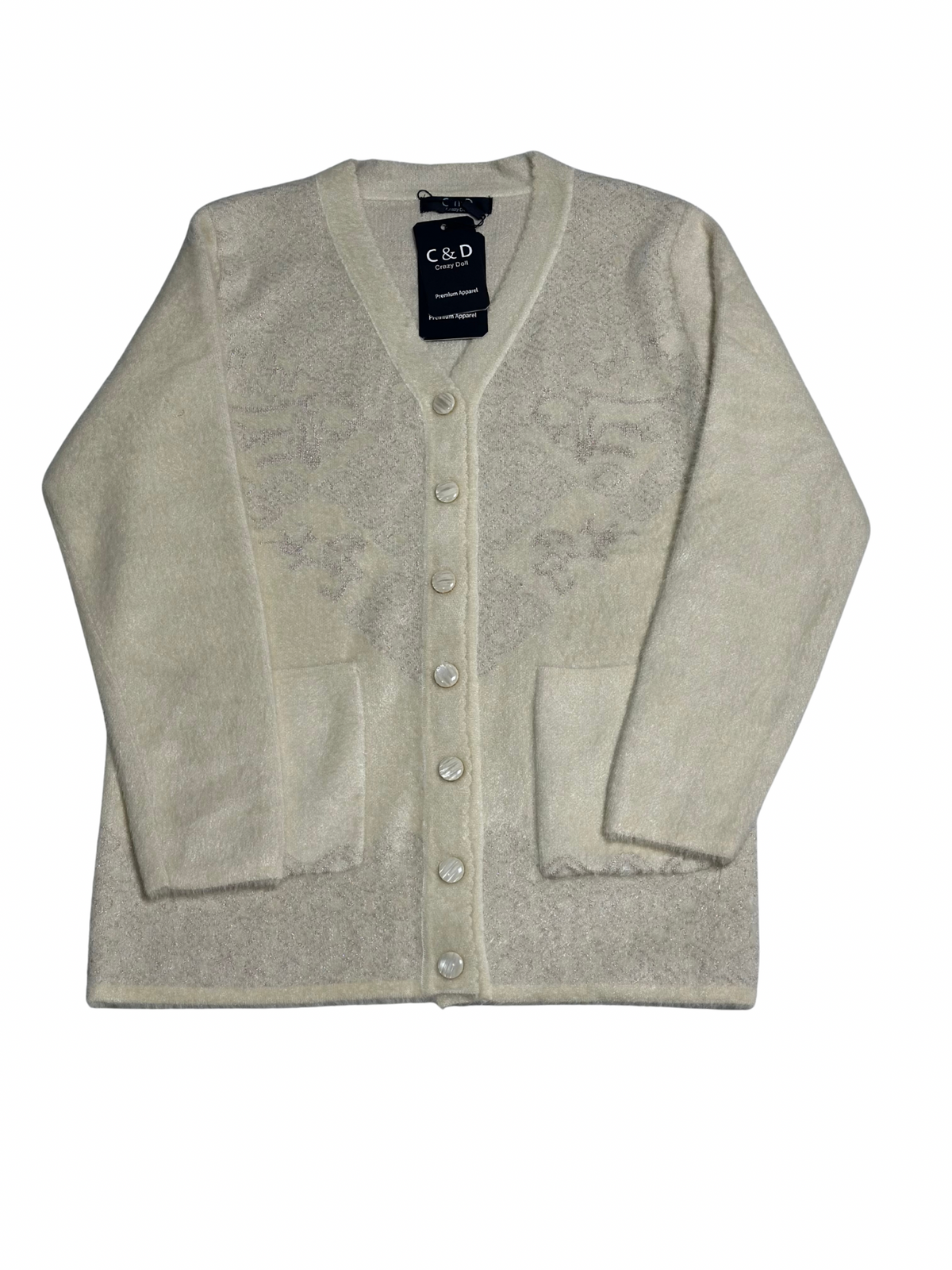 Cozy&Drape cream wool cardigan sweater with front pockets, long sleeves, and button-up front closure.