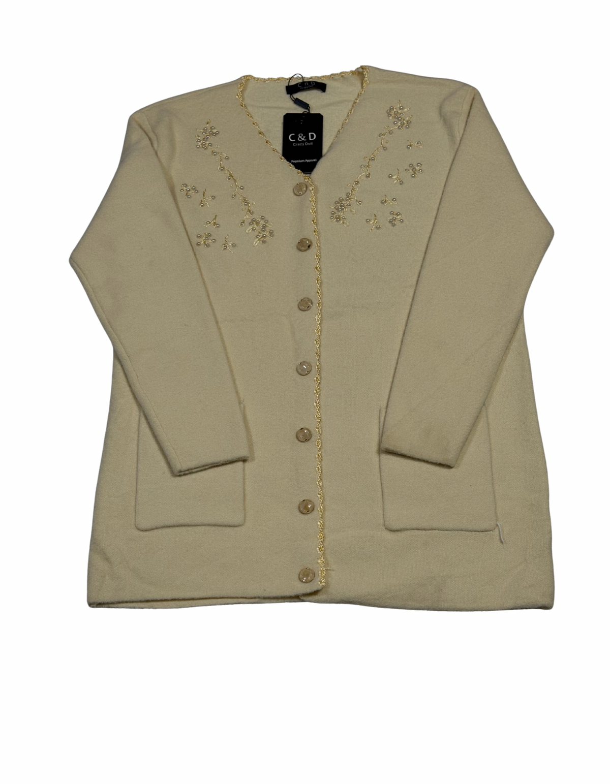 Cozy&Drape cream wool cardigan sweater featuring front buttons, pockets, and delicate floral beadwork embroidery.