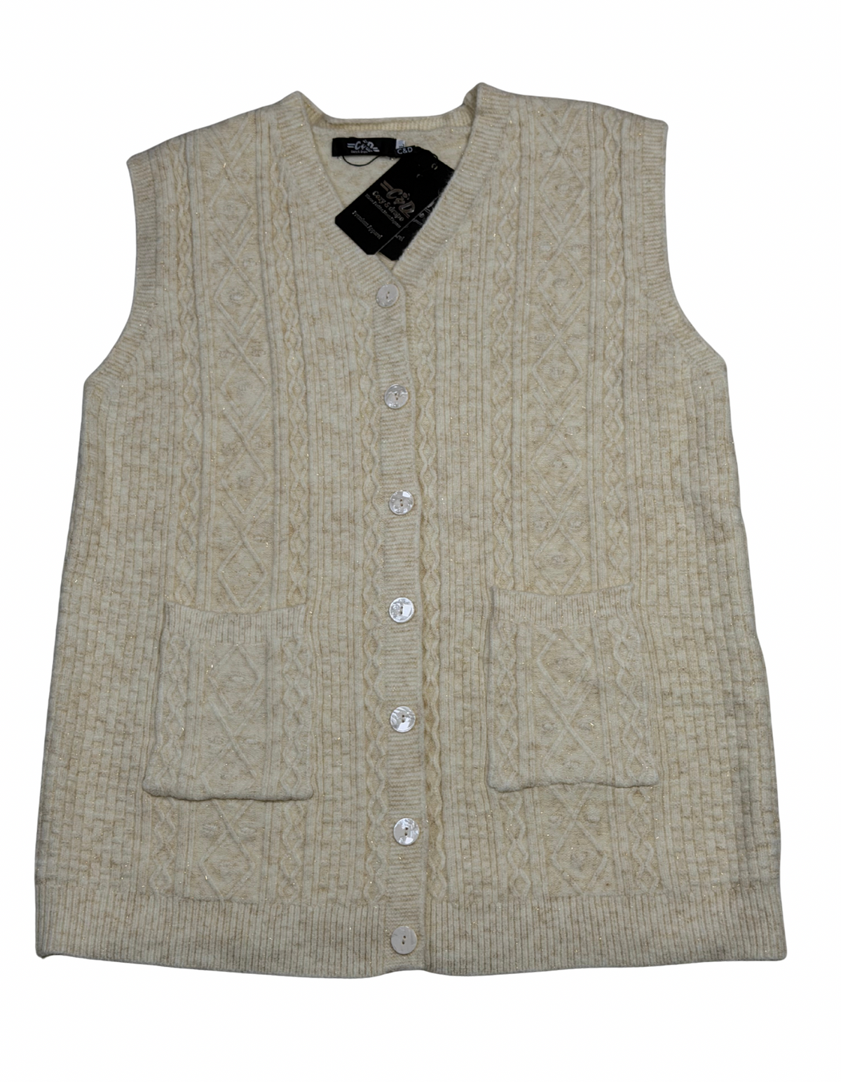 Cozy&Drape sleeveless wool cardigan sweater in cream with cable knit texture, front buttons, and two patch pockets.