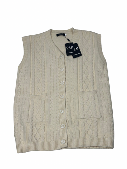 Cozy&Drape cream wool sleeveless cardigan sweater with cable knit texture, front buttons, and two patch pockets.
