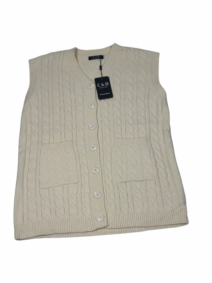 Cozy&Drape sleeveless cream wool cardigan sweater with cable knit pattern, front buttons, and two patch pockets.