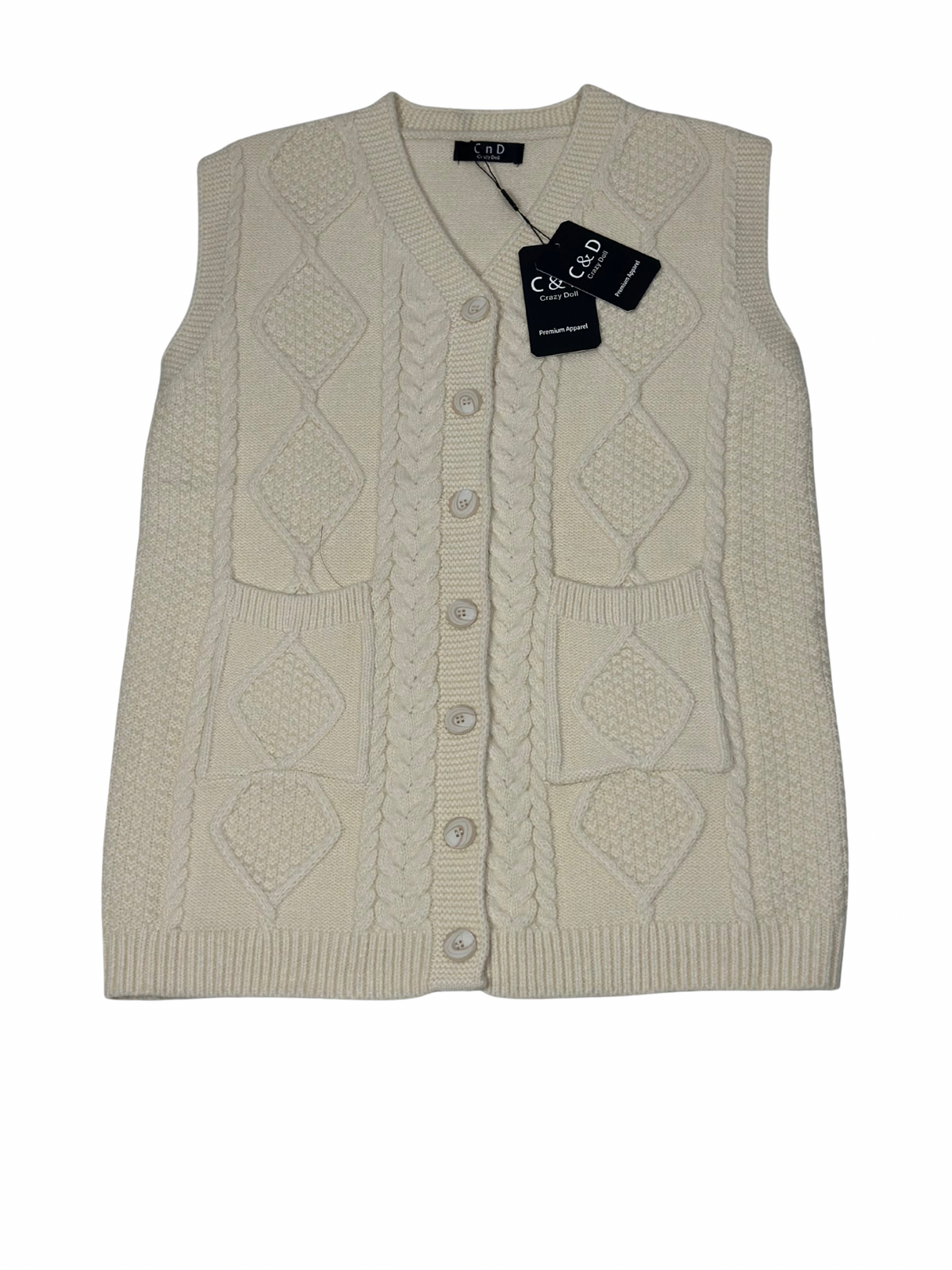 Cozy&Drape sleeveless cream wool cardigan with cable knit pattern, button front, and two patch pockets