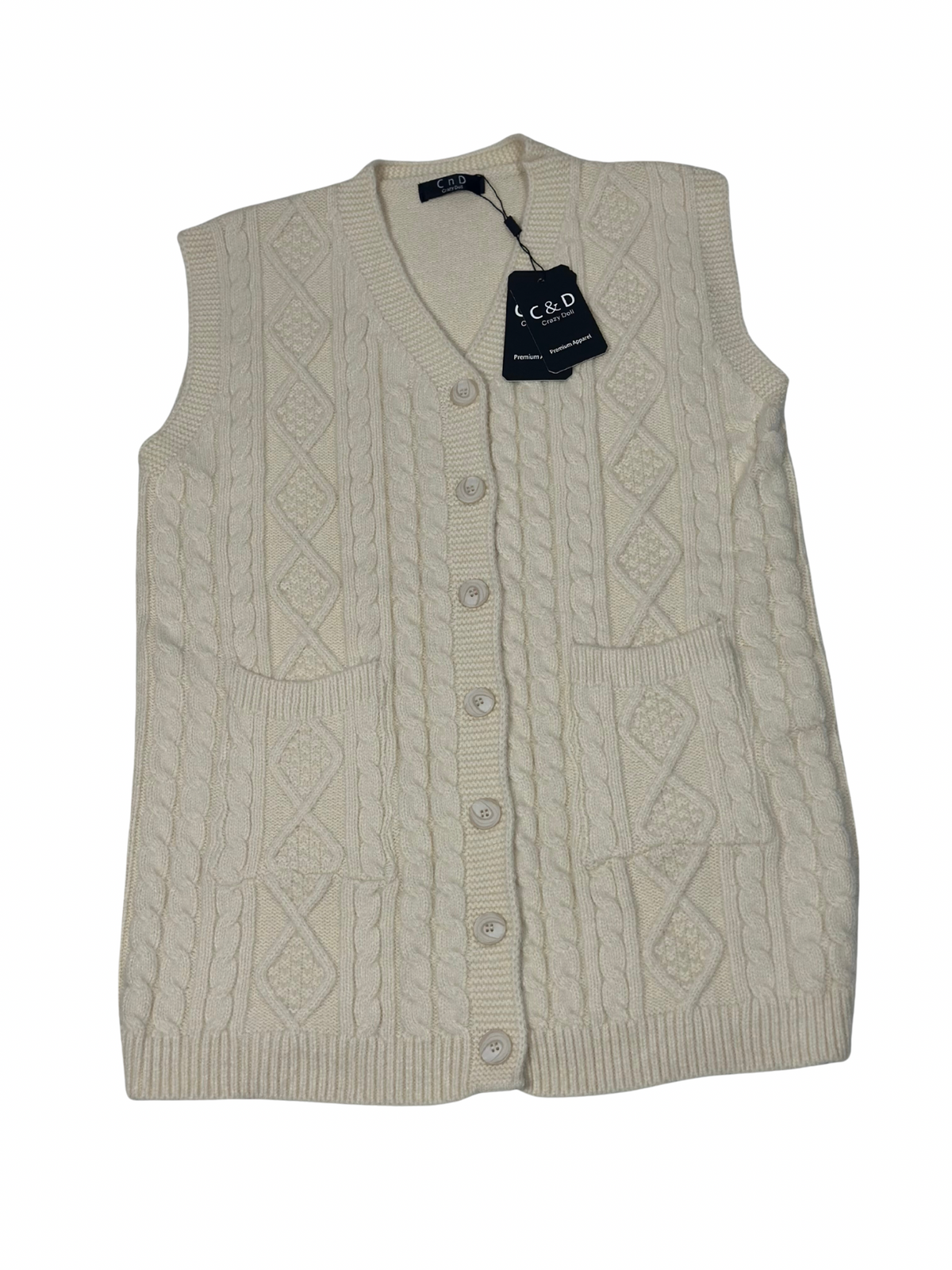 Cozy&Drape cream wool sleeveless cardigan sweater with cable knit pattern, button front, and two front pockets.