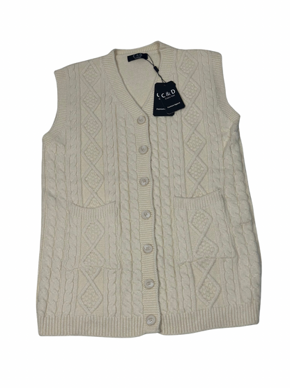 Cozy&Drape cream wool sleeveless cardigan sweater with cable knit pattern, button front, and two front pockets.