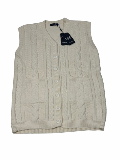 Cozy&Drape cream wool sleeveless cardigan sweater with cable knit texture, front buttons, and two patch pockets.