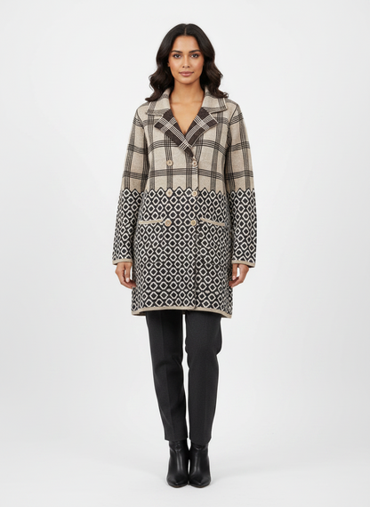 Cozy&Drape double-breasted knit cardigan featuring a plaid upper bodice, geometric lower pattern, and notched lapels.