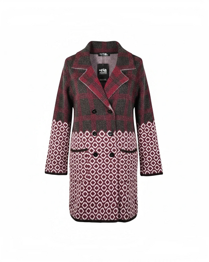 Cozy&Drape double-breasted knit cardigan jacket featuring a burgundy plaid upper and geometric diamond lower pattern.