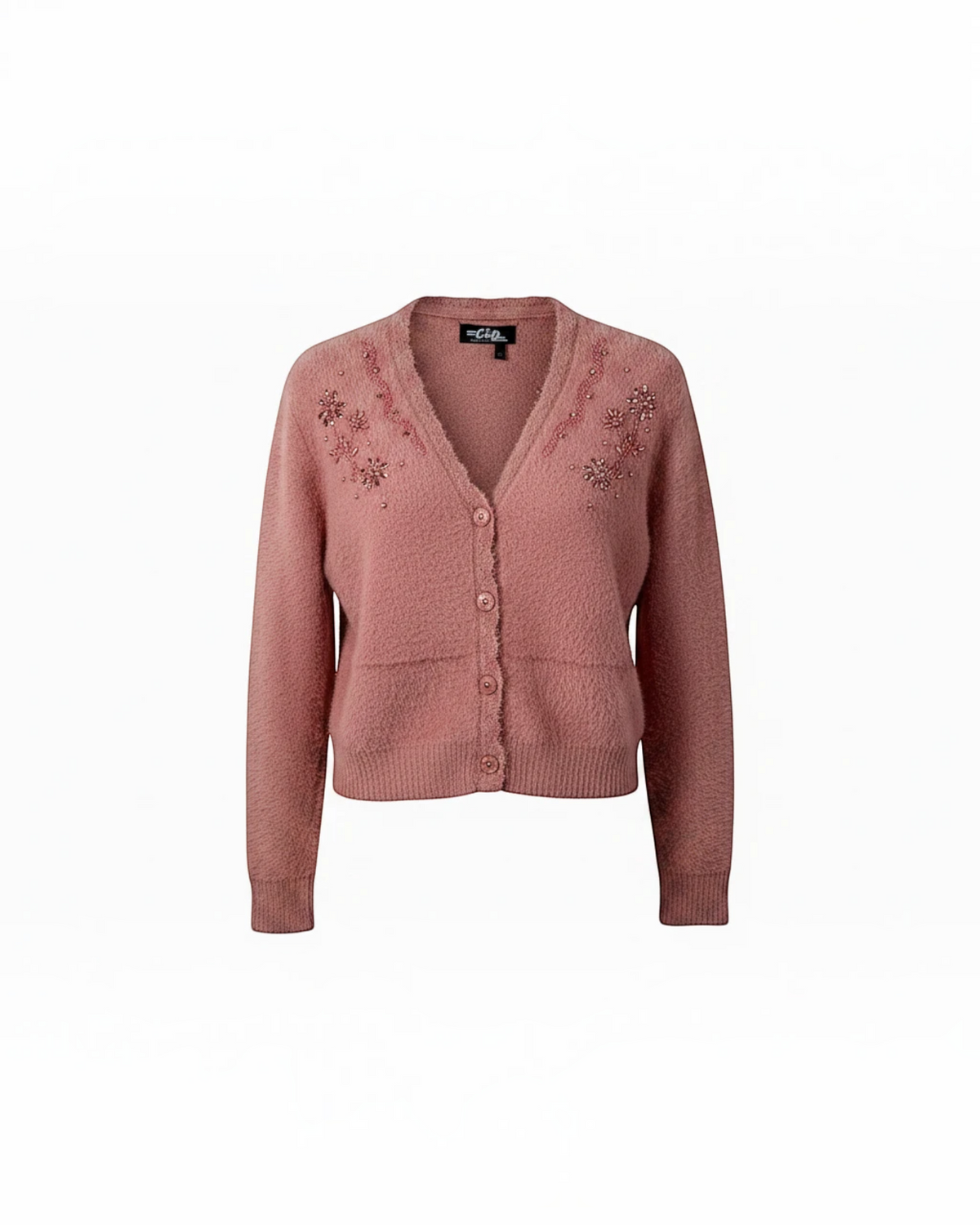 Cozy&Drape dusty rose fuzzy knit cropped cardigan with floral beadwork embellishments on the neckline and button front