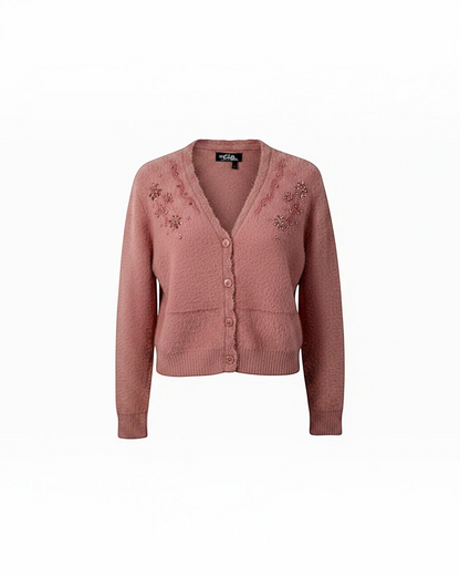 Cozy&Drape dusty rose fuzzy knit cropped cardigan with floral beadwork embellishments on the neckline and button front