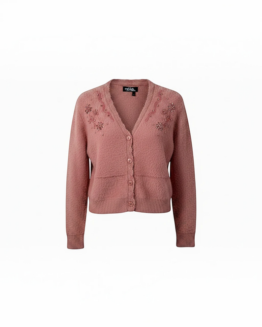 Cozy&Drape dusty rose fuzzy knit cropped cardigan with floral beadwork embellishments on the neckline and button front