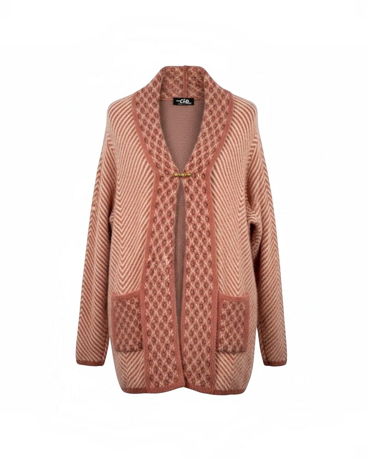Cozy&Drape open front cardigan in dusty rose with chevron knit pattern, shawl collar, and two front pockets.