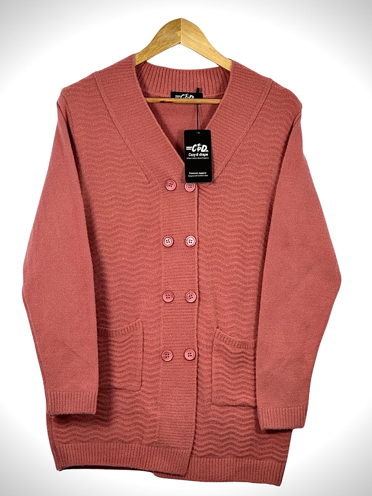Cozy&Drape long dusty rose cardigan sweater with a textured knit, V-neck, double-breasted buttons, and front pockets.
