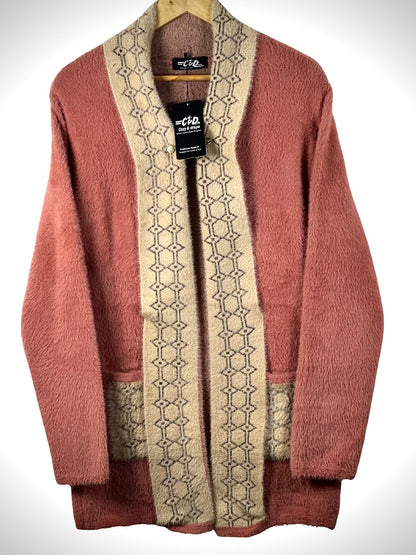 Cozy&Drape open front sweater in dusty rose with beige geometric patterned trim and front pockets