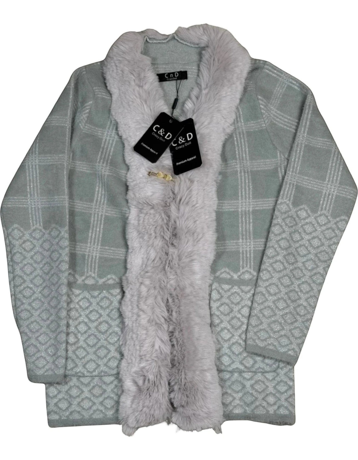 Cozy&Drape faux fur trim cardigan in sage green with geometric plaid pattern, open front, and gold-tone clasp closure.