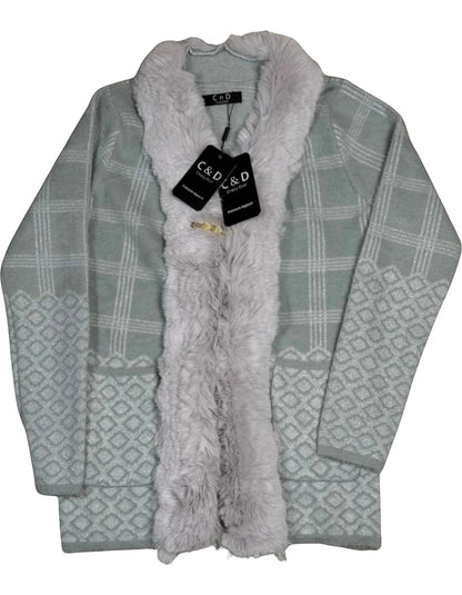 Cozy&Drape faux fur trim cardigan in sage green with geometric plaid pattern, open front, and gold-tone clasp closure.