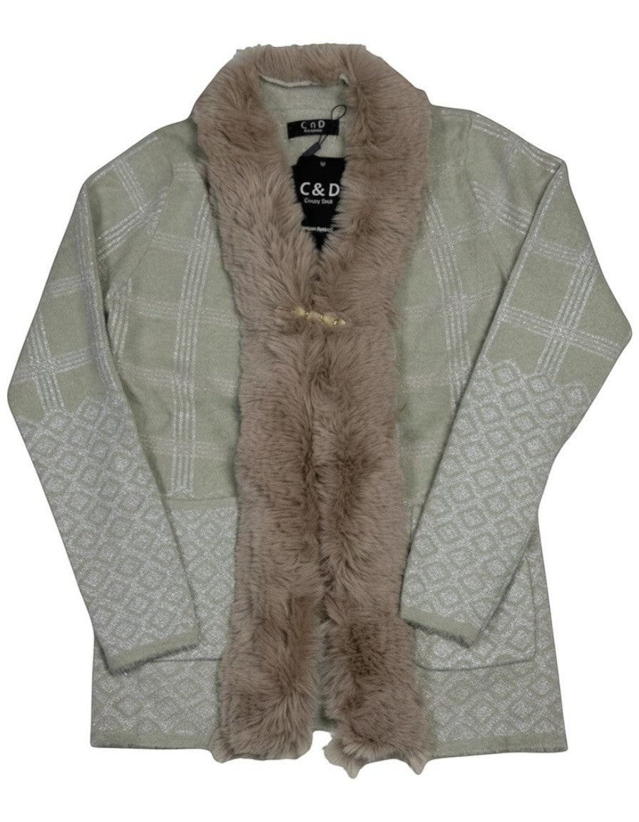 Cozy&Drape open front cardigan in sage green with geometric plaid pattern, metallic thread, and plush faux fur trim.
