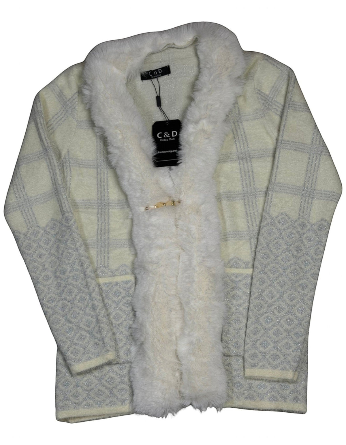 Cozy&Drape cream open front cardigan with faux fur trim, metallic geometric plaid knit, and decorative clasp closure.