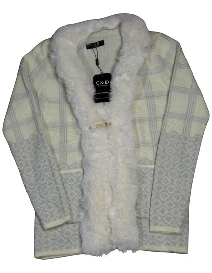 Cozy&Drape cream open front cardigan with faux fur trim, metallic geometric plaid knit, and decorative clasp closure.