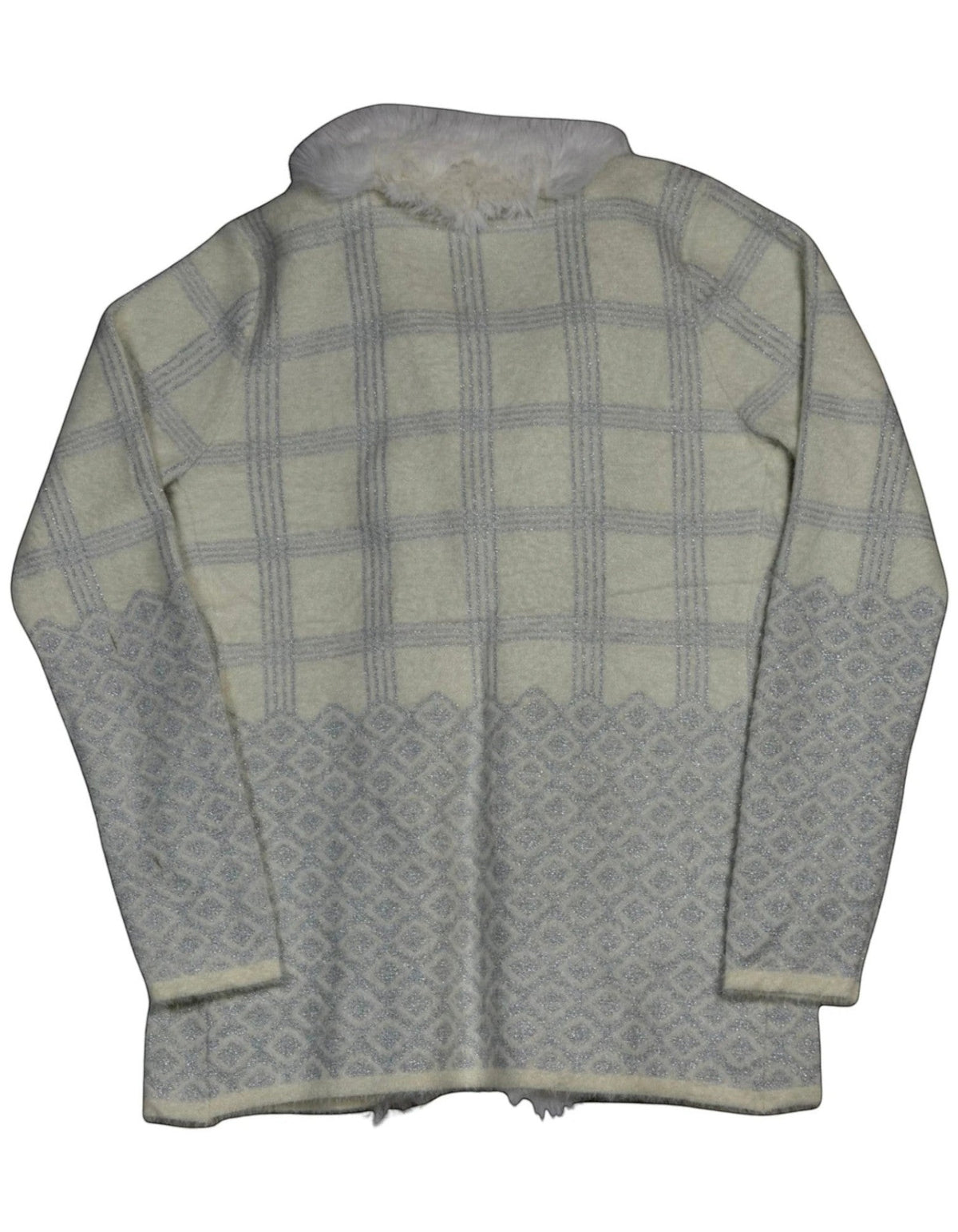 Cozy&Drape cream and silver knit cardigan with faux fur collar, geometric plaid pattern, and metallic shimmer detail.