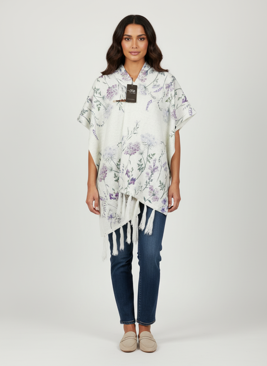 Model wearing a Cozy&Drape white floral print poncho wrap with fringe hem, side buttons, and a decorative clasp.