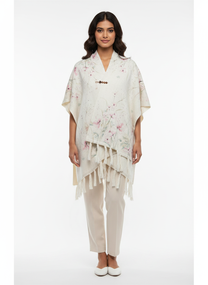 Model wearing a Cozy&Drape cream floral print poncho wrap with tassel fringe and a decorative pin on a white background