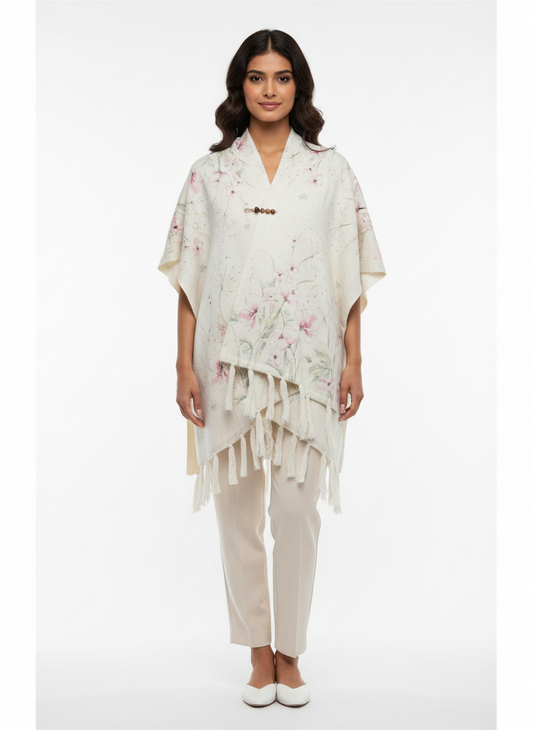 Model wearing a Cozy&Drape cream floral print poncho wrap with tassel fringe and a decorative pin on a white background