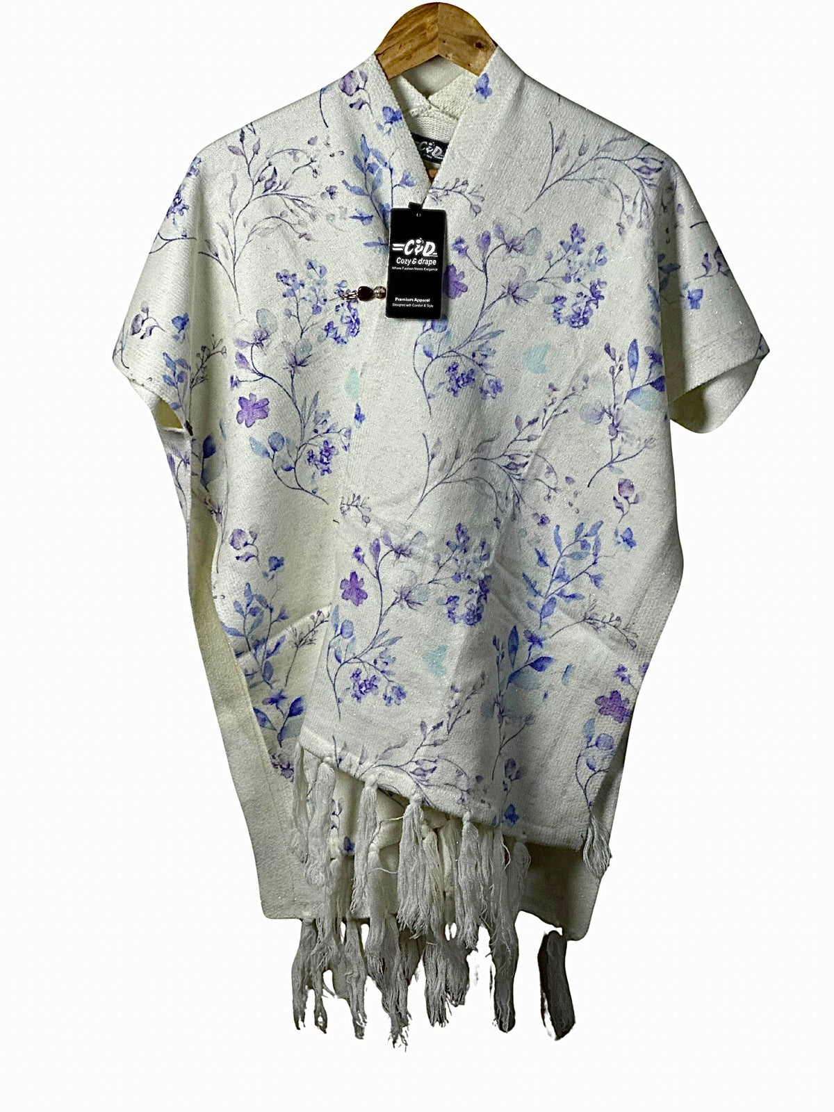 Cozy&Drape floral print winter cape shawl in cream with purple flowers and decorative fringe hem