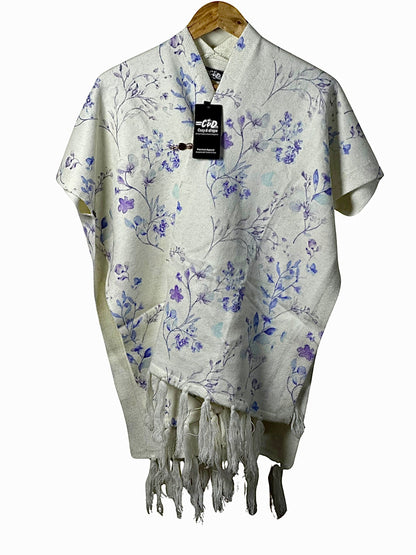 Cozy&Drape floral print winter cape shawl in cream with purple flowers and decorative fringe hem