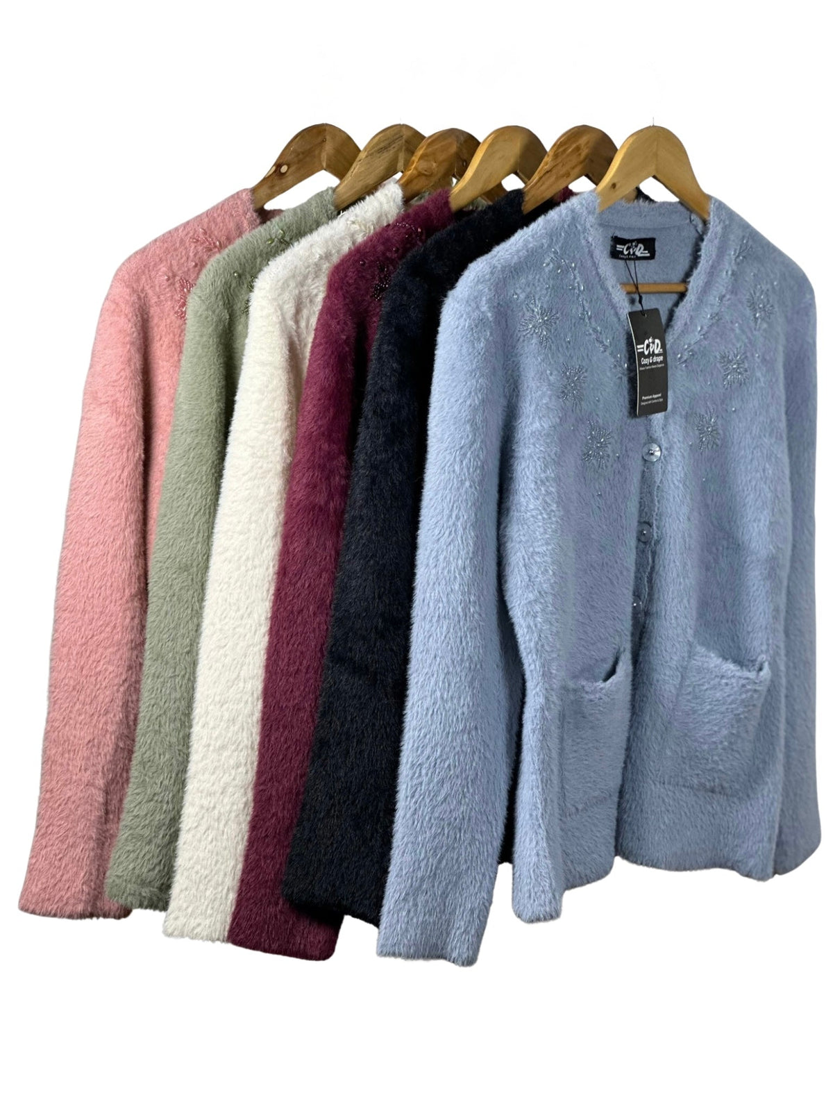 Cozy&Drape collection of fuzzy full-sleeved cardigan sweaters in various colors with front pockets and embroidery