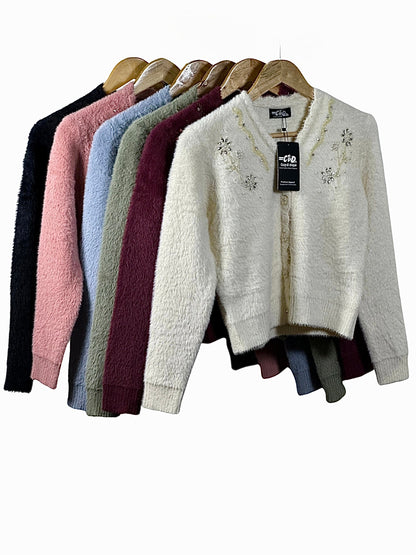 Cozy&Drape extra short fuzzy cardigan sweaters in various colors with beaded floral embellishments on hangers