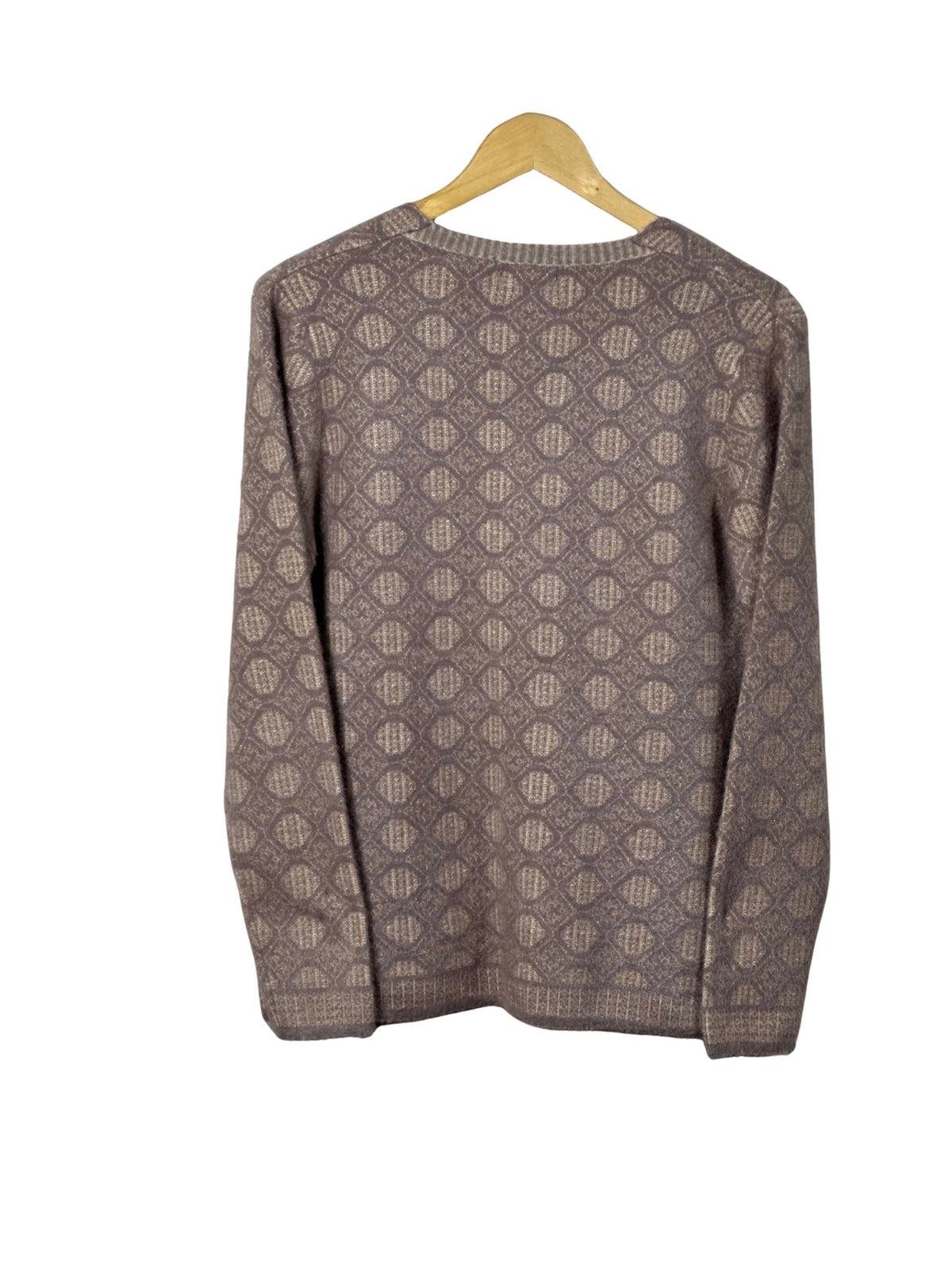 Cozy&Drape long sleeve cardigan sweater in a taupe and beige geometric diamond pattern on a wooden hanger