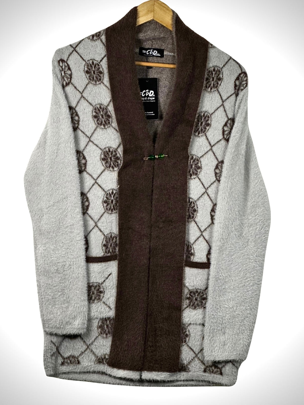 Cozy&Drape open front sweater in grey and brown with a diamond pattern, floral accents, and front pockets.