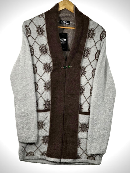Cozy&Drape open front sweater in grey and brown with a diamond pattern, floral accents, and front pockets.