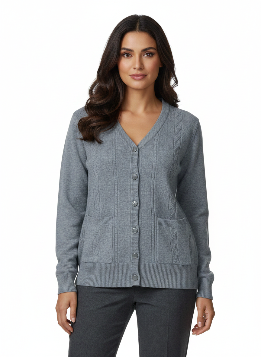 Cozy&Drape grey cable knit V-neck cardigan with button front and two pockets worn by a woman