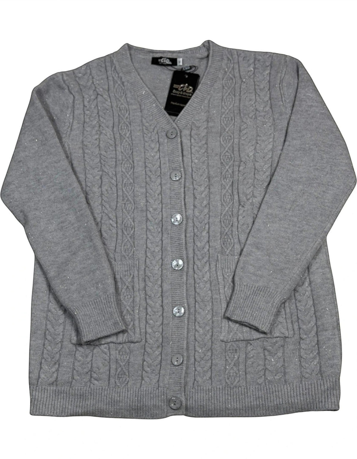 Cozy&Drape grey cable-knit button-up cardigan with V-neck, long sleeves, and two front pockets.