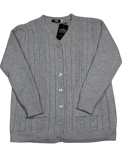 Cozy&Drape grey cable-knit button-up cardigan with V-neck, long sleeves, and two front pockets.