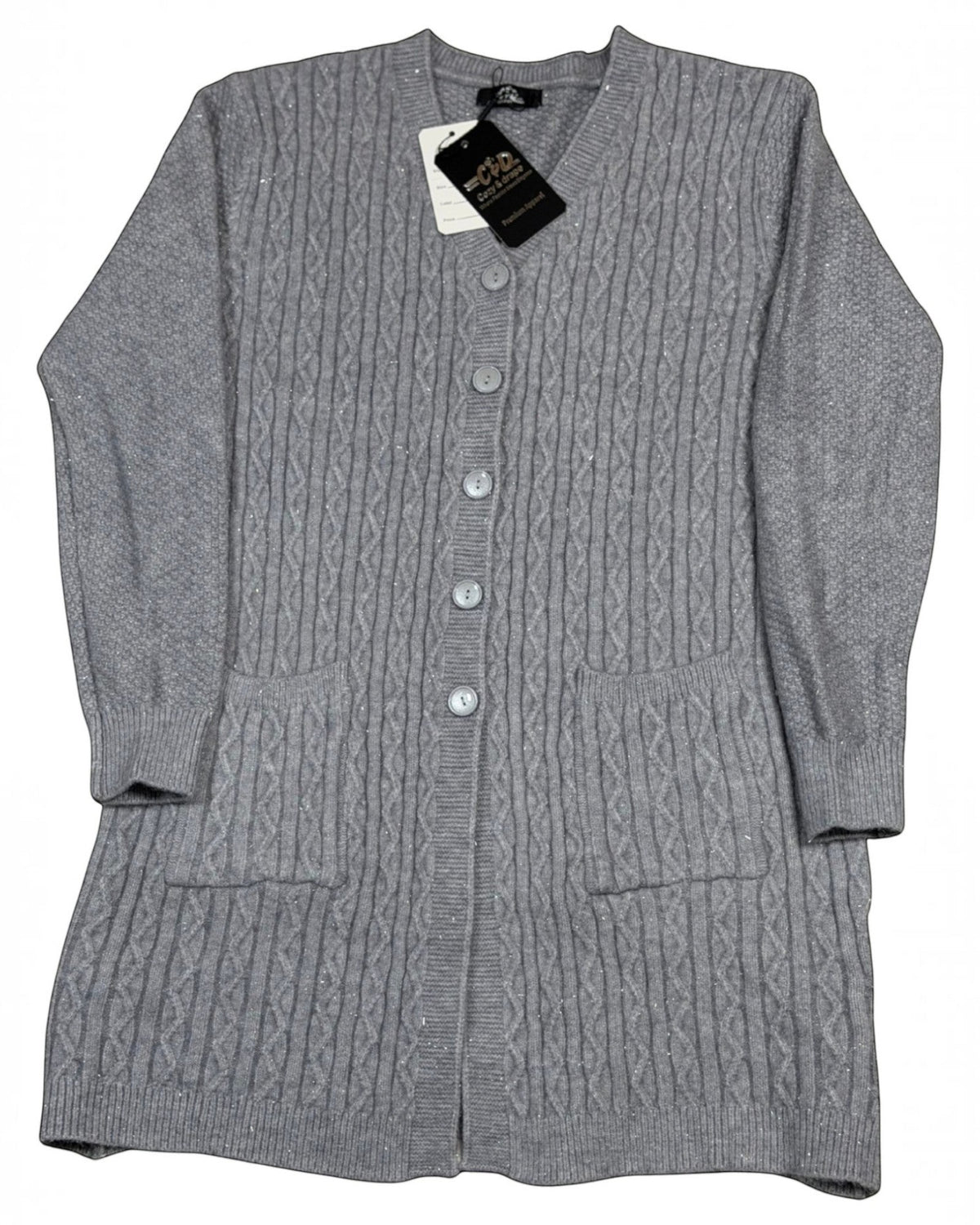 Cozy&Drape long grey cable-knit button-down cardigan with front pockets and subtle shimmer detail