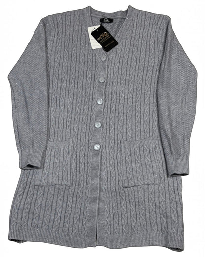 Cozy&Drape long grey cable-knit button-down cardigan with front pockets and subtle shimmer detail