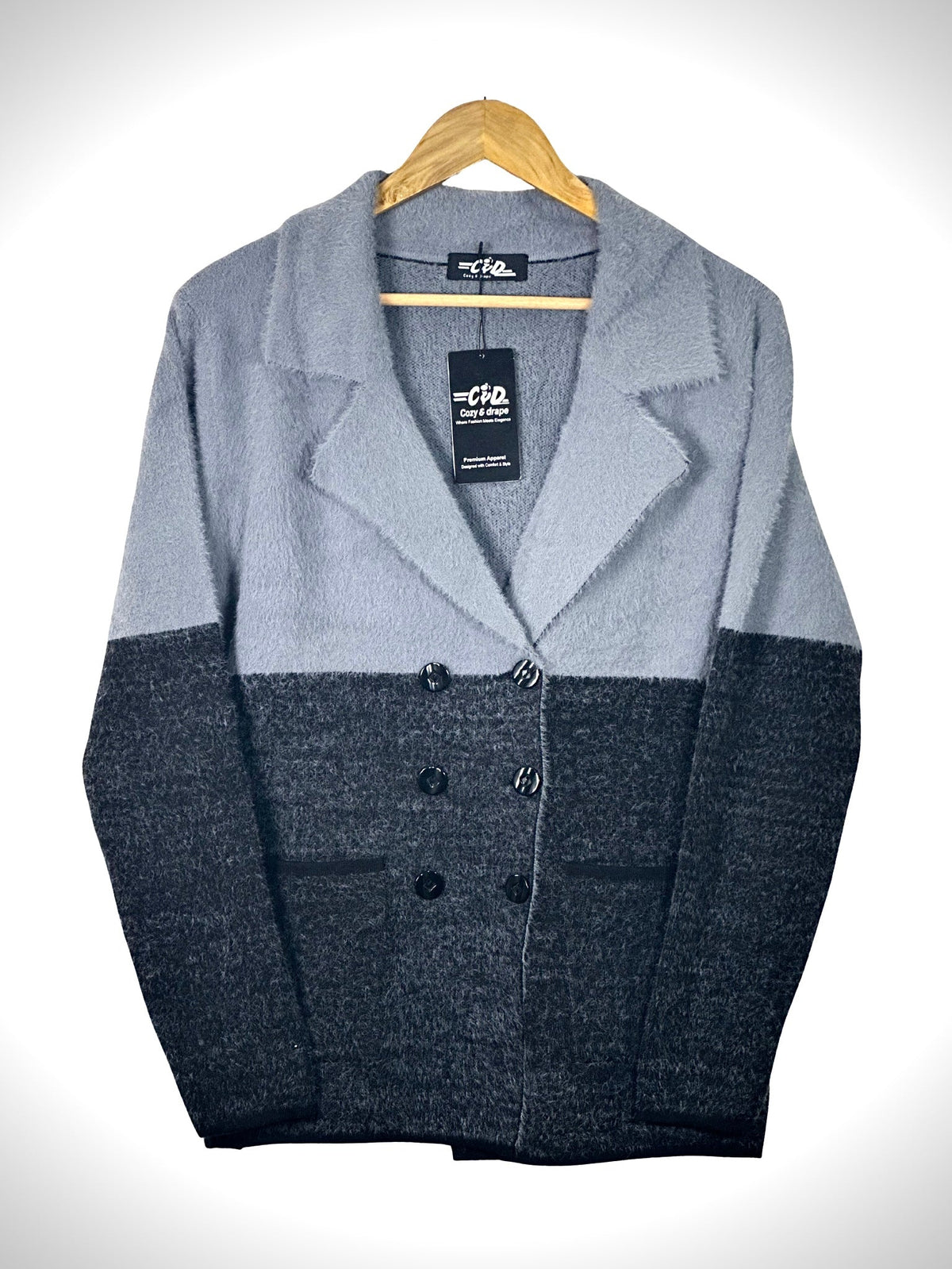 Cozy&Drape two-tone grey and charcoal double-breasted knit blazer with notched lapels and front patch pockets.
