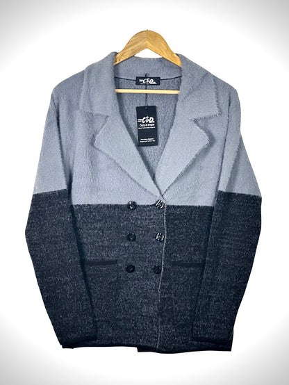 Cozy&Drape two-tone grey and charcoal double-breasted knit blazer with notched lapels and front patch pockets.