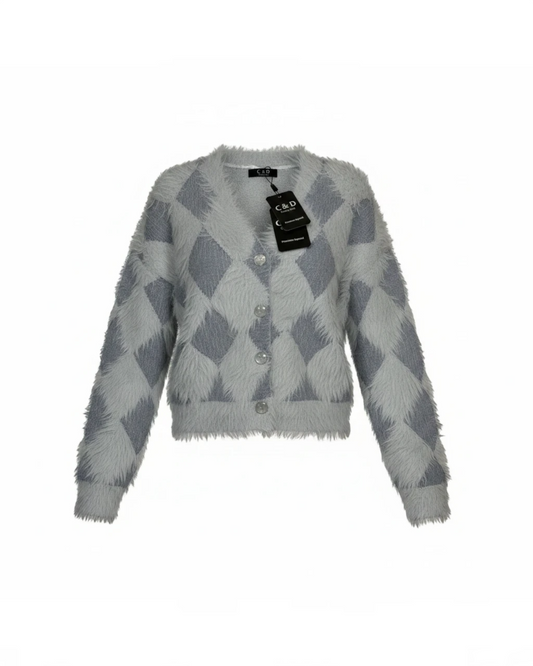 Cozy&Drape cropped button-up cardigan in grey with a textured faux-fur argyle pattern and long sleeves.