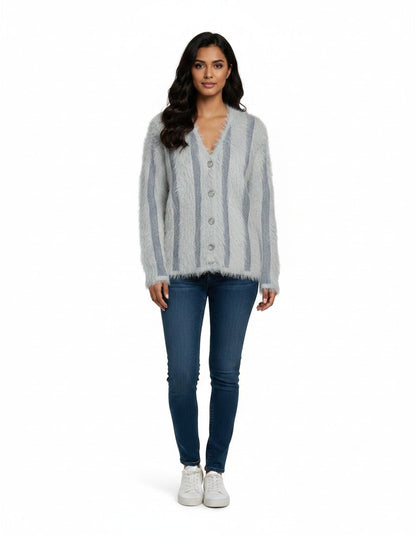 Model wearing a Cozy&Drape grey faux-fur button-down cardigan with vertical stripes, paired with blue jeans.