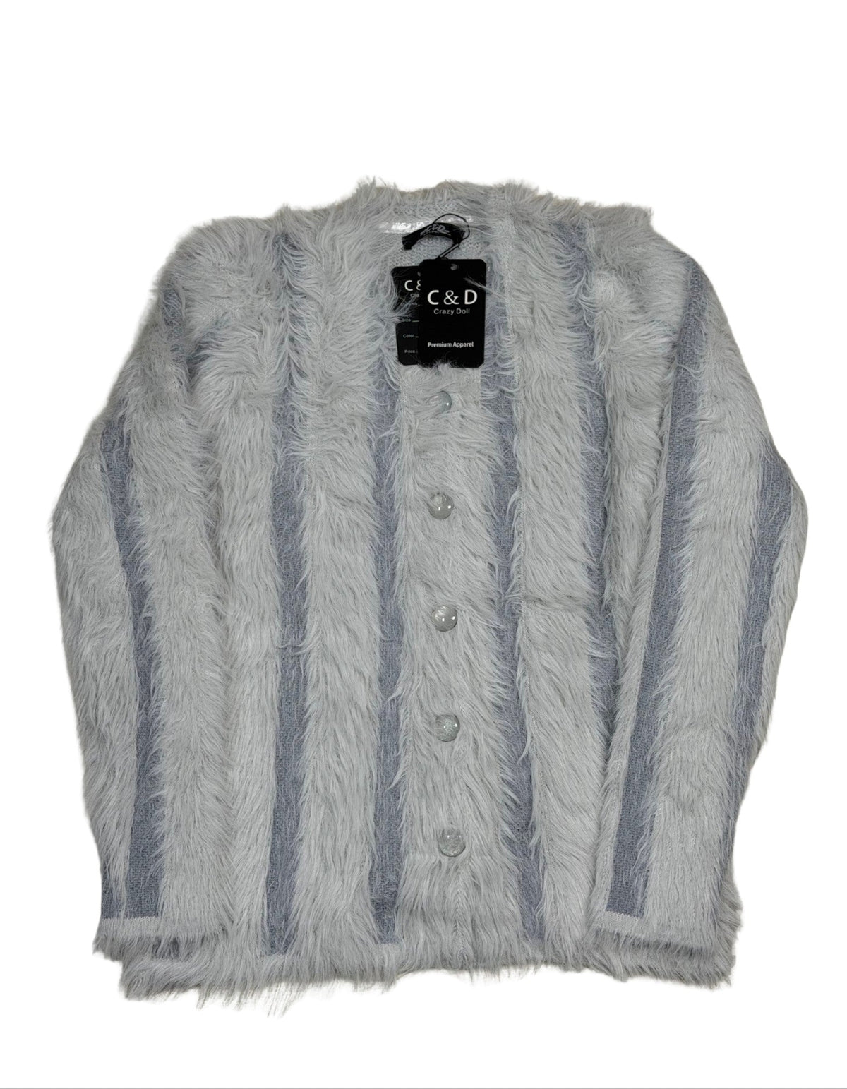 Cozy&Drape grey striped fur cardigan sweater with button front closure and long sleeves