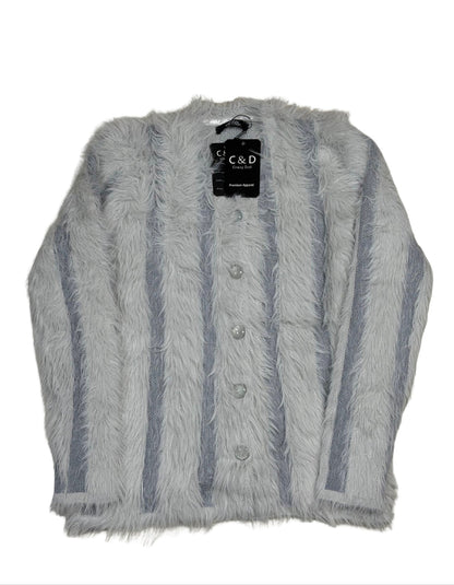 Cozy&Drape grey striped fur cardigan sweater with button front closure and long sleeves